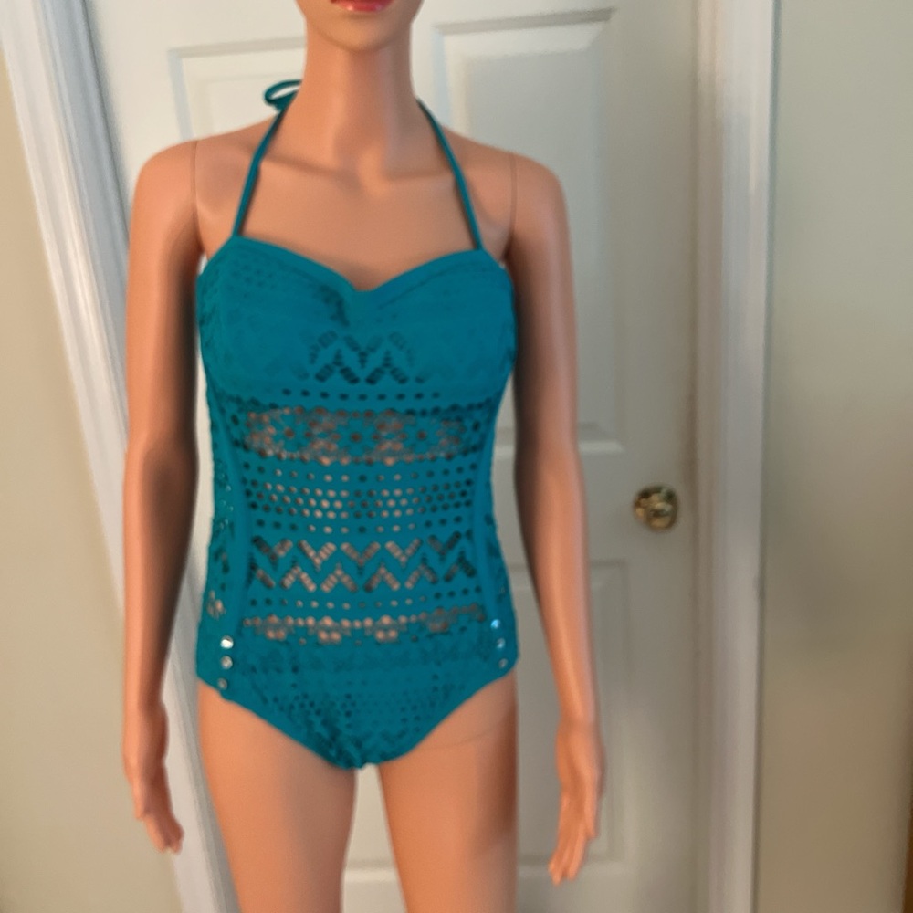 Robin Piccone Teal Crochet One Piece Swimsuit